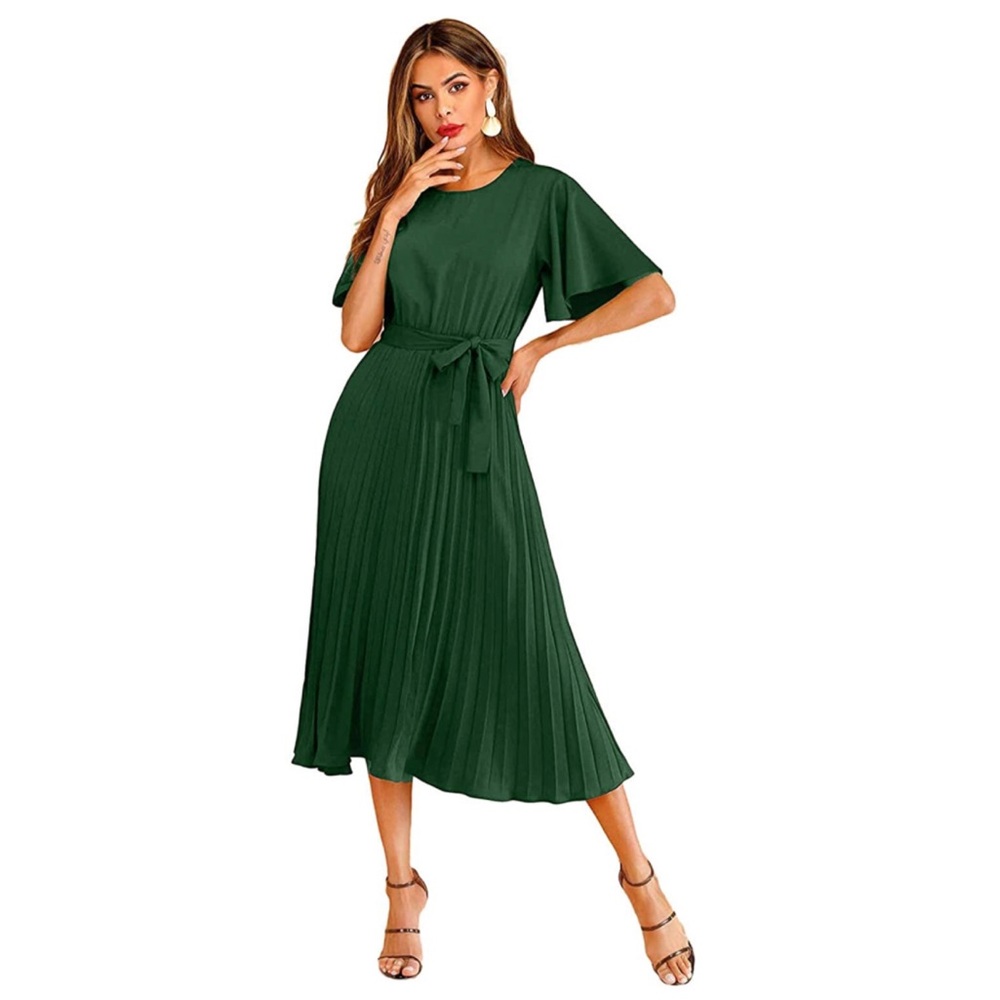🎉 HOST PICK | New✨ Elegant Hunter Green Pleated Flounce Dress - Picture 1 of 11